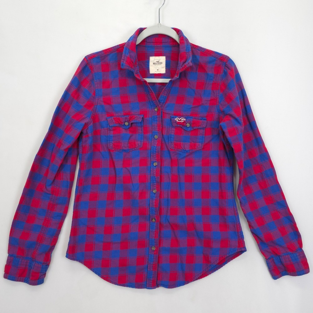 Hollister Plaid Flannel Shirt Women M Red Blue Button Front Long Sleeve Vtg Prep